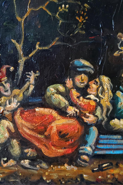 Oil painting Society in the Park by Daniil Litvinov: embracing couple under tree