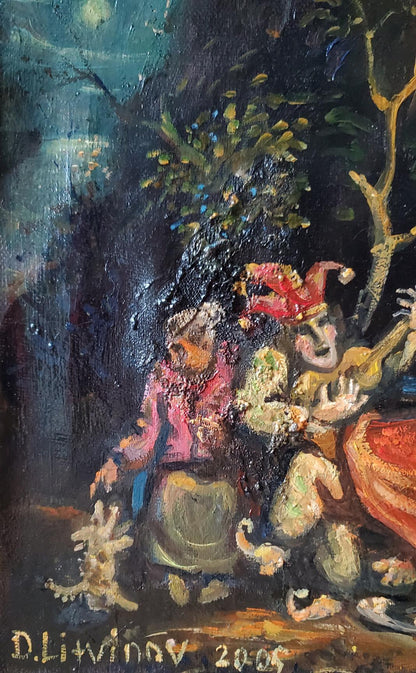 Oil painting Society in the Park by Daniil Litvinov, jester in forest