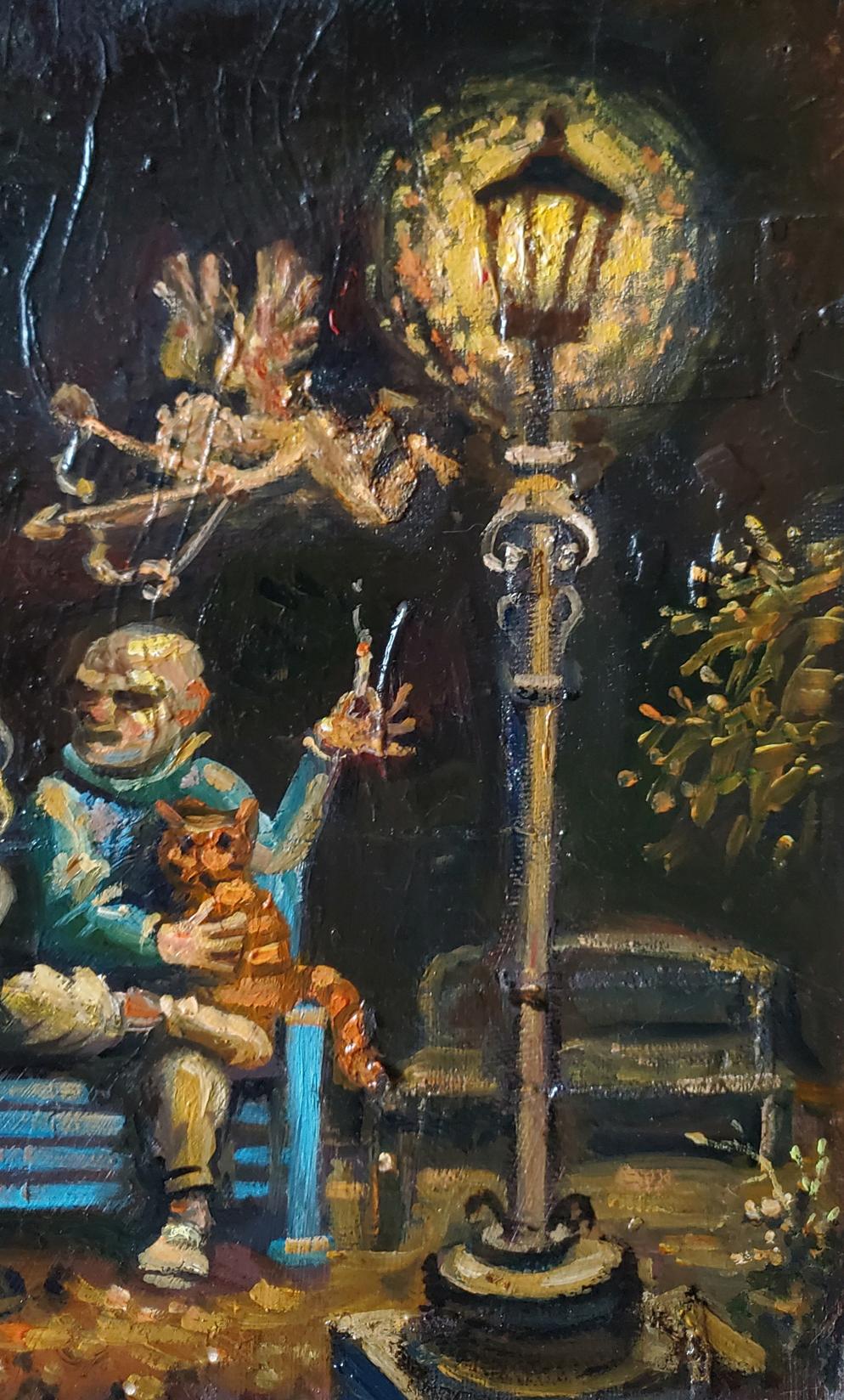 Vintage ornate street lamp glowing in Daniil Litvinov Society in the Park oil painting