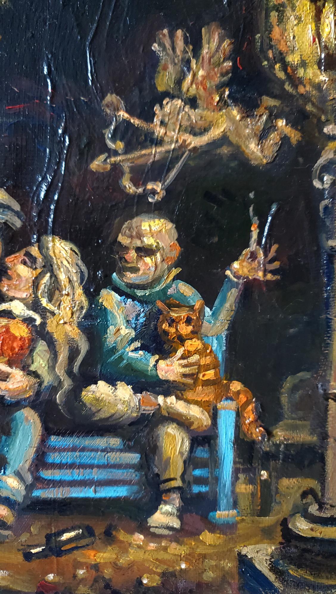 Oil painting Society in the Park by Daniil Litvinov: man in teal attire with orange tabby cat