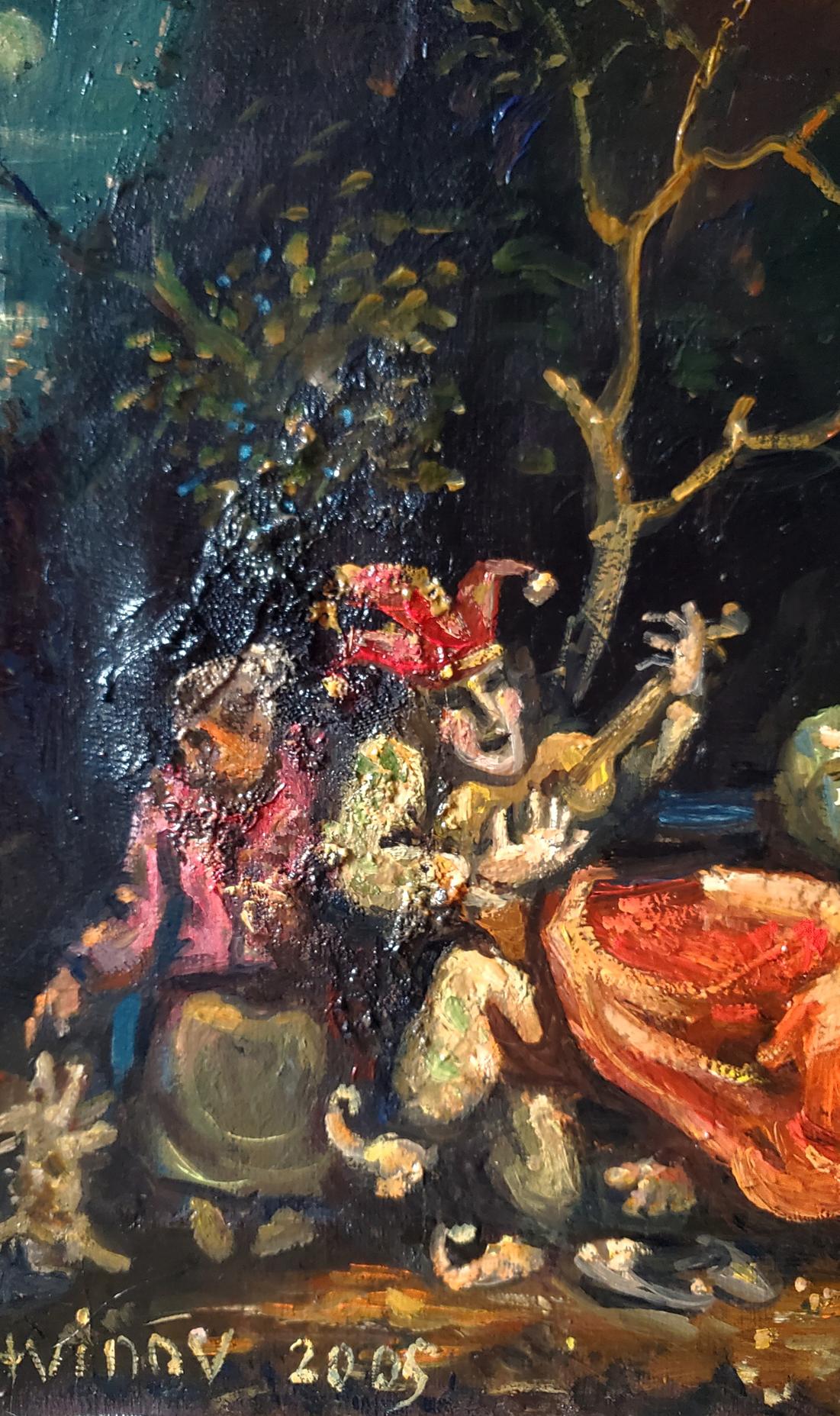 Vibrant oil painting Society in the Park by Daniil Litvinov, whimsical dark forest scene