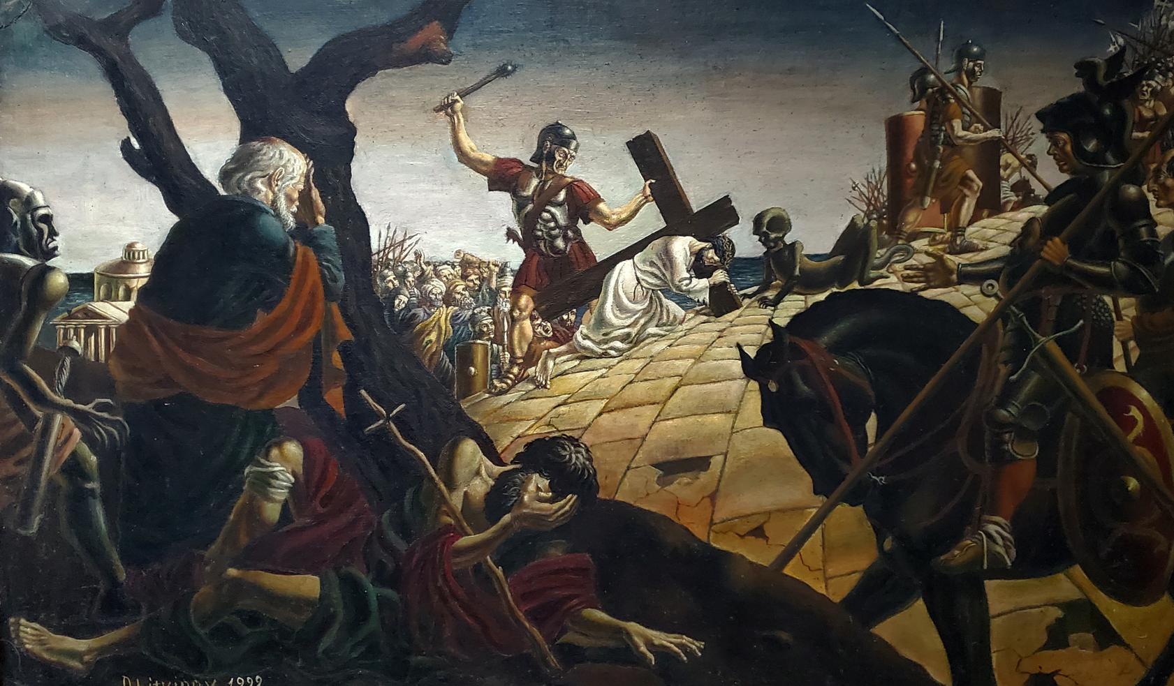 Dramatic oil painting by Daniil Litvinov: Roman soldier carrying the cross