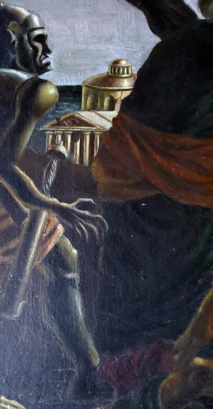 Oil painting of Daniil Litvinov Carrying the Cross with dark metallic armored figure