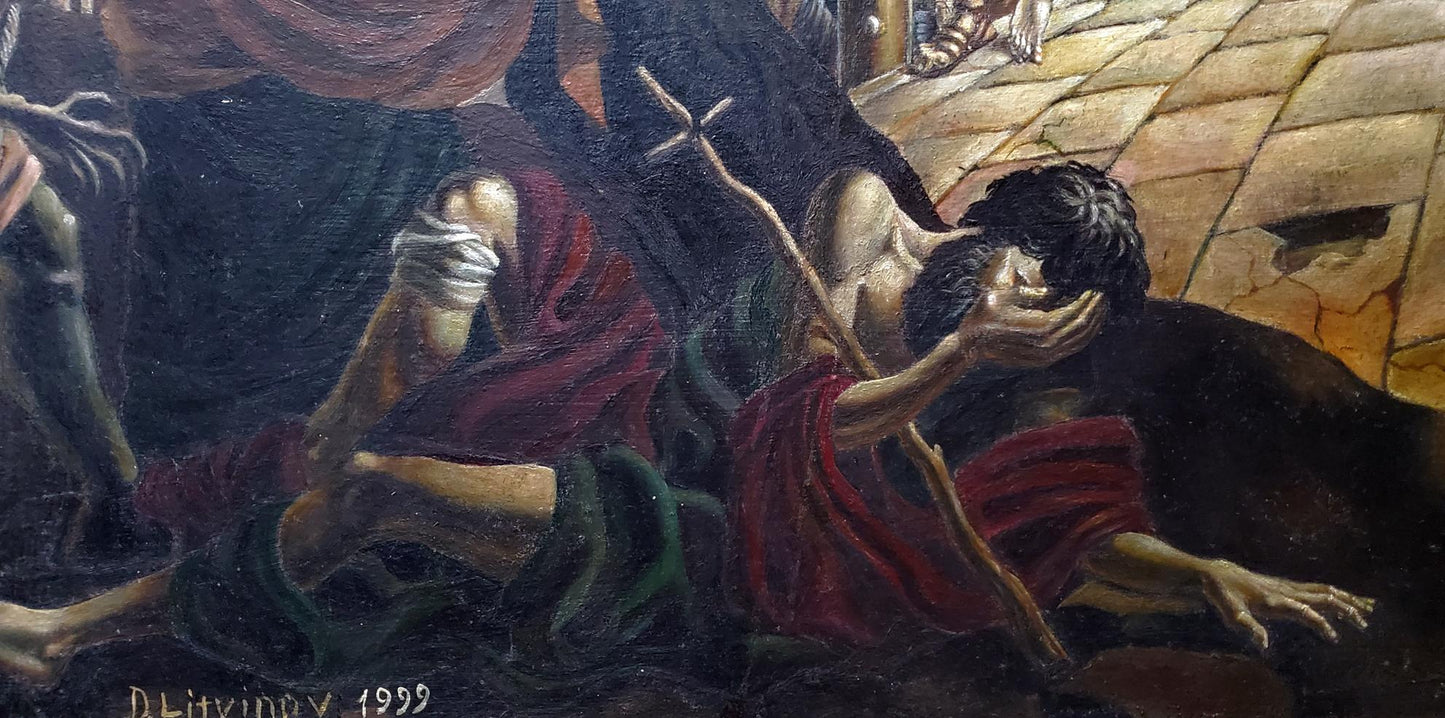 Oil painting of bearded man carrying the cross by Daniil Litvinov