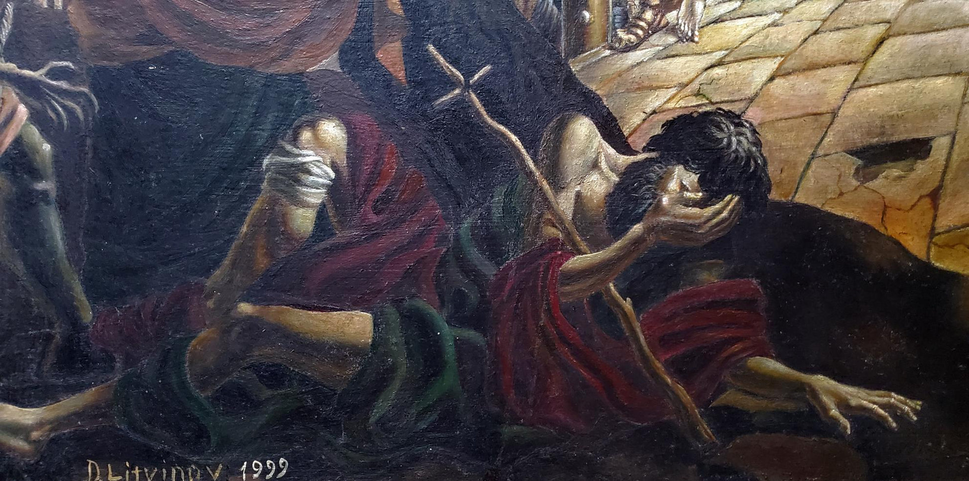 Oil painting of bearded man carrying the cross by Daniil Litvinov