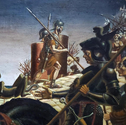 Oil painting by Daniil Litvinov: Roman soldiers in battle with spear and red shield