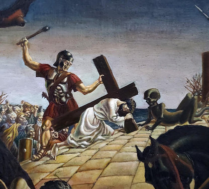 Oil painting Carrying the Cross by Daniil Litvinov: figure in white robes carries dark wooden cross