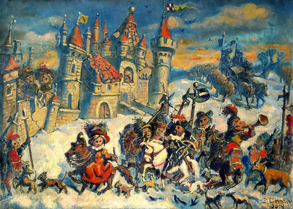 Oil painting Returning from the hunt by Daniil Litvinov, whimsical winter scene