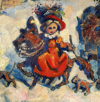 Oil painting Returning from the Hunt by Daniil Litvinov: child on horse in snow