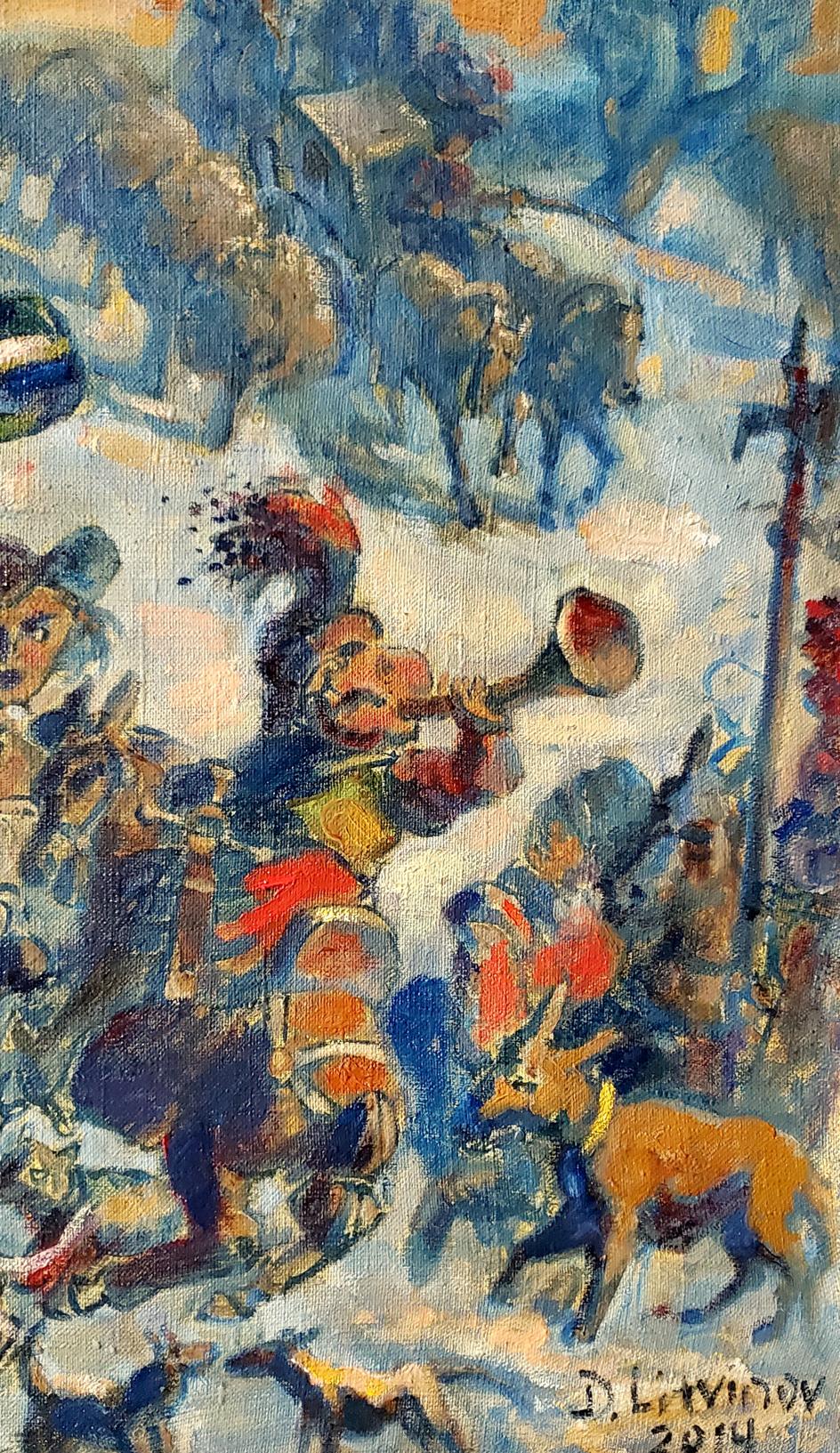 Oil painting Returning from the hunt by Daniil Litvinov, vibrant winter scene