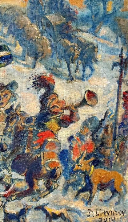 Oil painting Returning from the hunt by Daniil Litvinov, vibrant winter scene