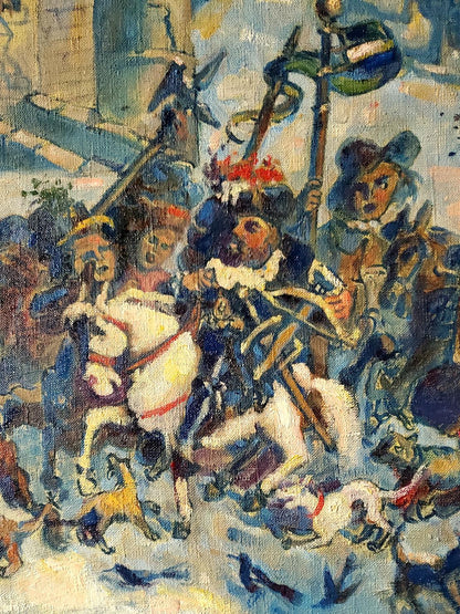 Oil painting Returning from the Hunt by Daniil Litvinov, impressionistic horseback scene