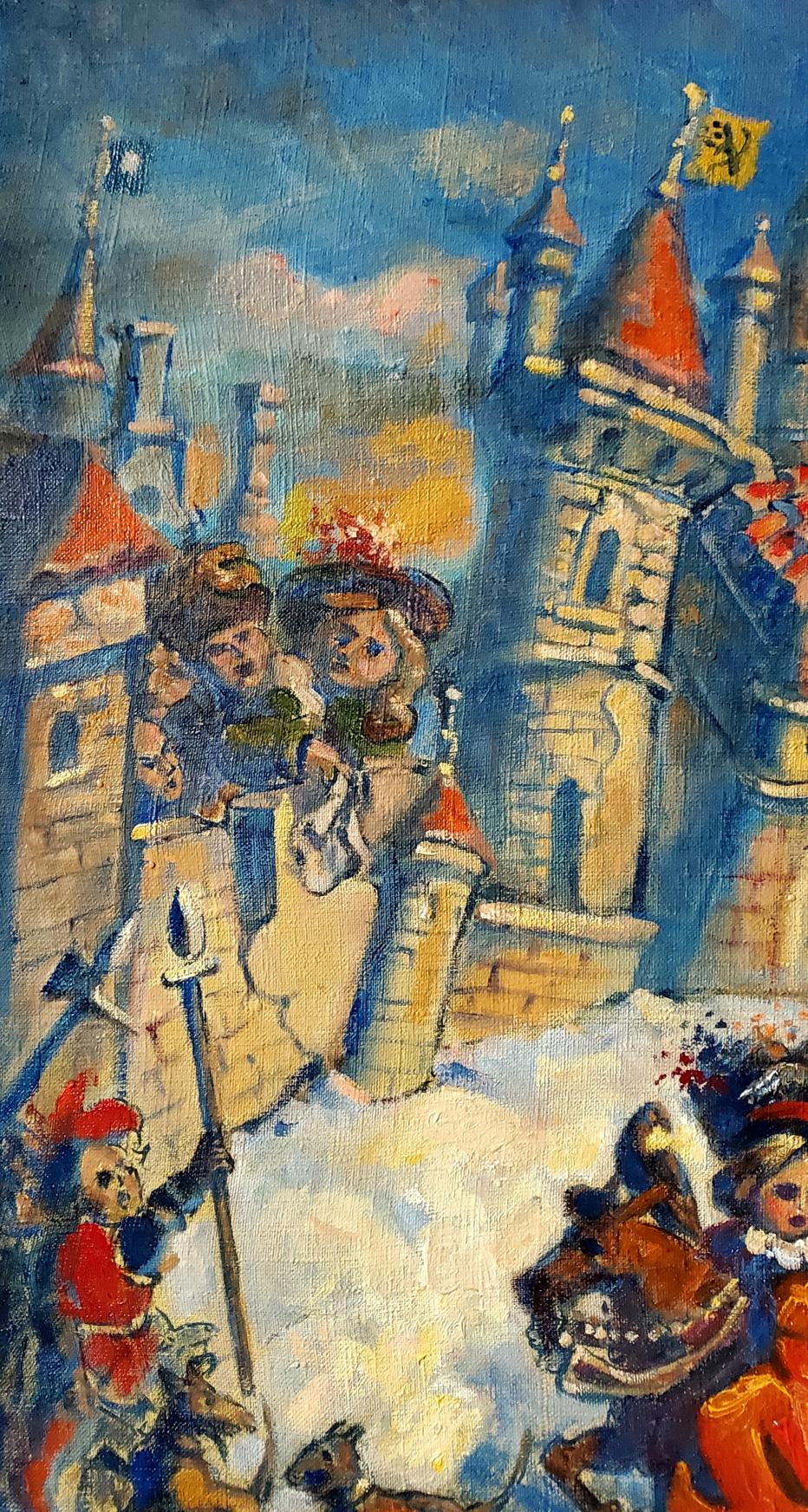 Oil painting Returning from the hunt by Daniil Litvinov: medieval castle scene