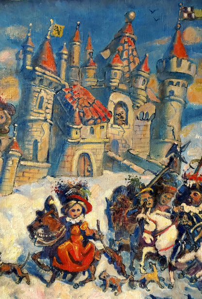 Oil painting Returning from the Hunt by Daniil Litvinov with whimsical castle