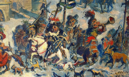 Oil painting Returning from the Hunt by Daniil Litvinov, vibrant battle scene