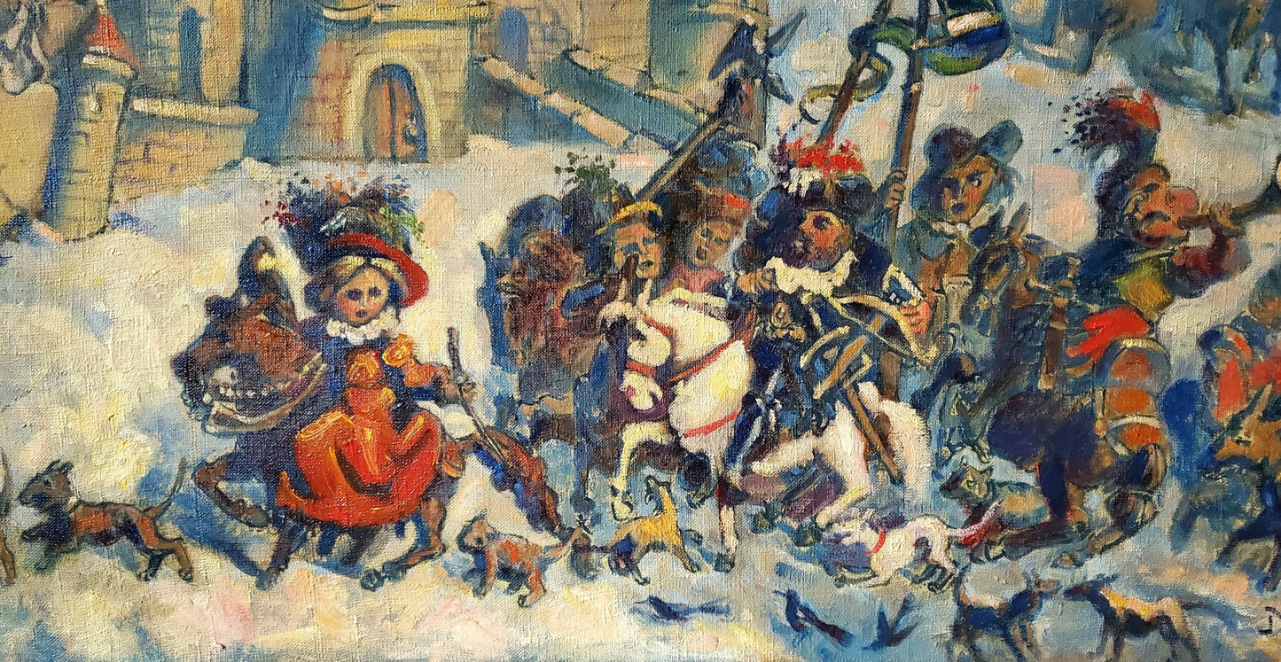 Oil painting Returning from the Hunt by Daniil Litvinov winter scene