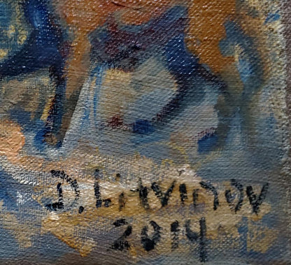 Oil painting Returning from the Hunt by Daniil Litvinov, abstract blue orange gray brushstrokes, signed d