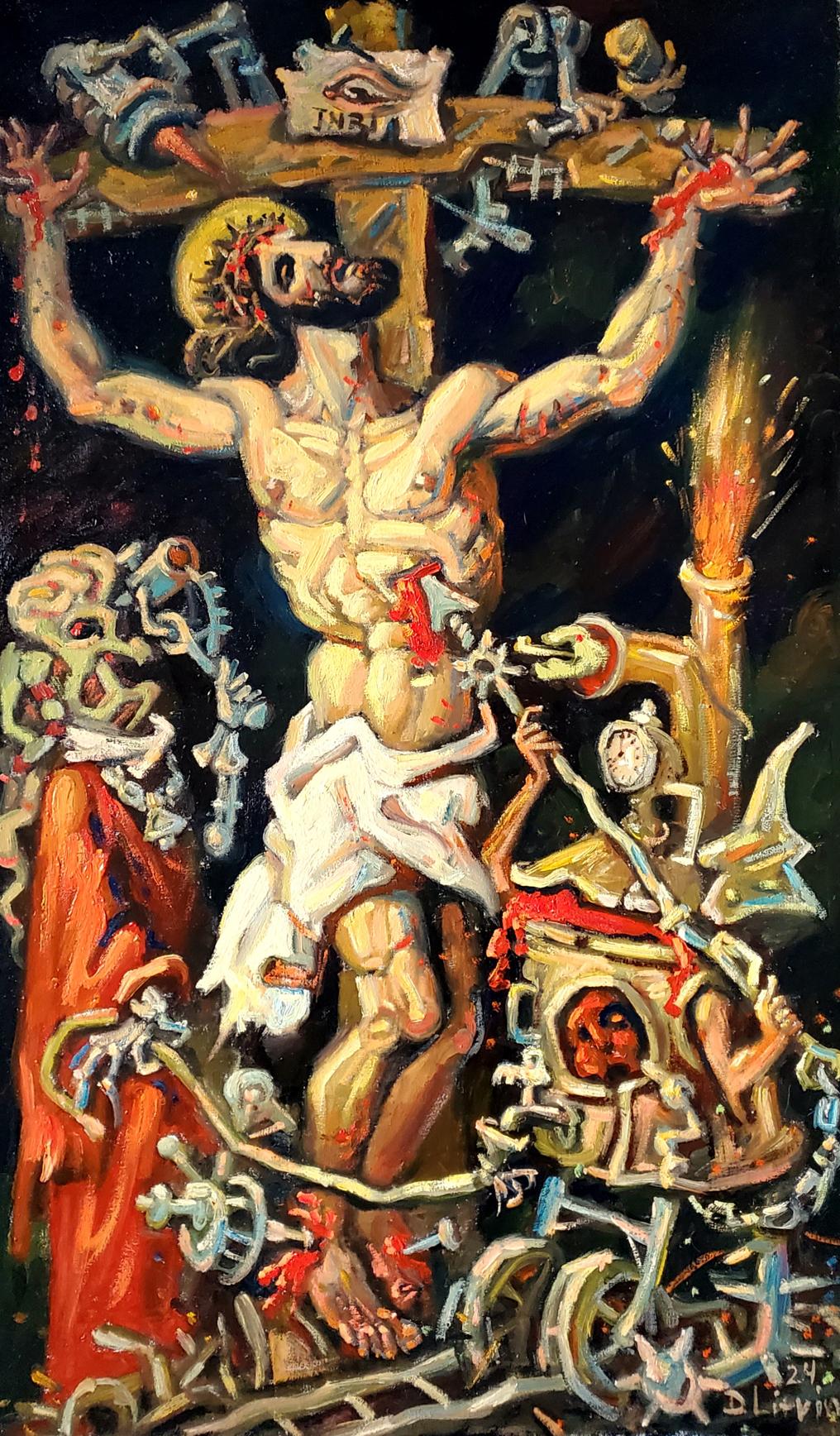 Oil painting Calvary by Daniil Litvinov: crucified figure with wounds