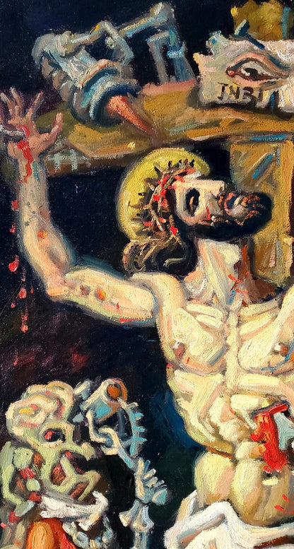 Oil painting Calvary by Daniil Litvinov: crucified figure with crown of thorns