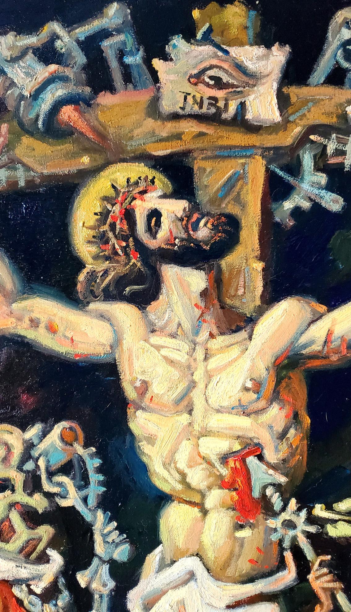 Dramatic oil painting Calvary by Daniil Litvinov, crucified figure with wounds