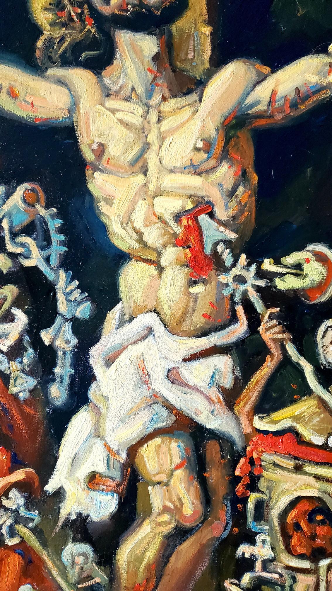 Oil painting Calvary by Daniil Litvinov: muscular pale figure with crown of thorns
