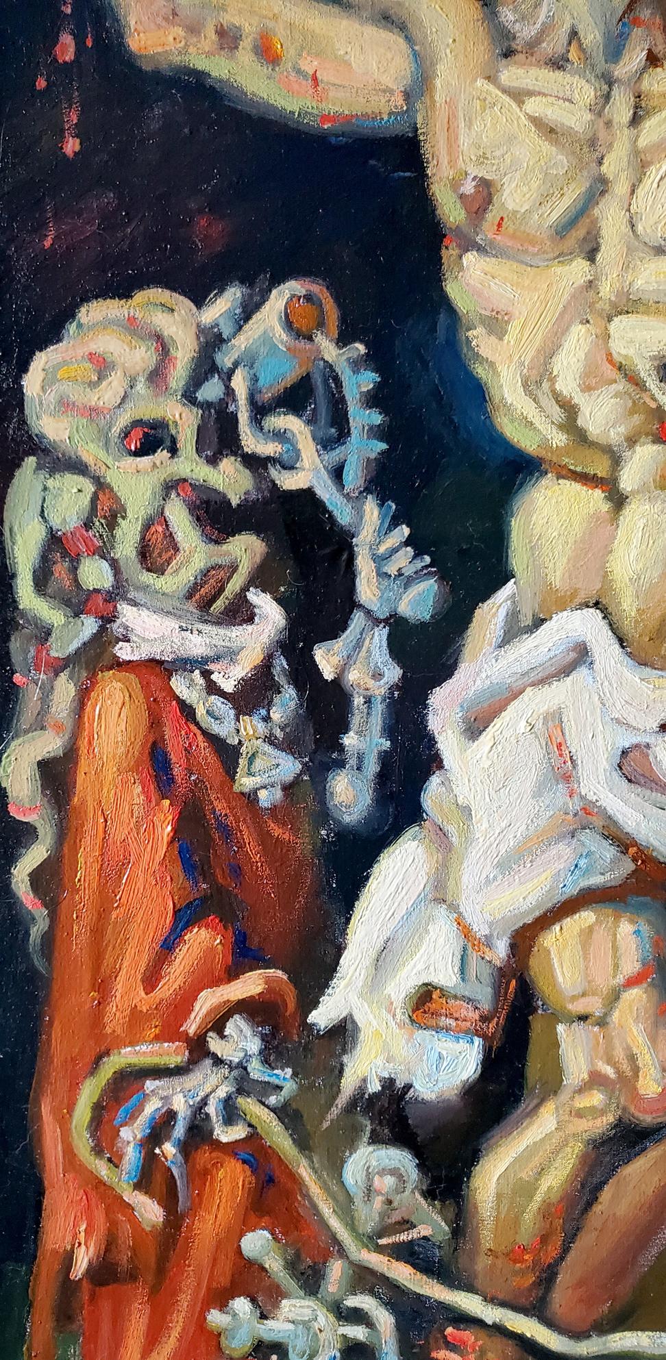 Oil painting Calvary by Daniil Litvinov: skeletal face in orange robes