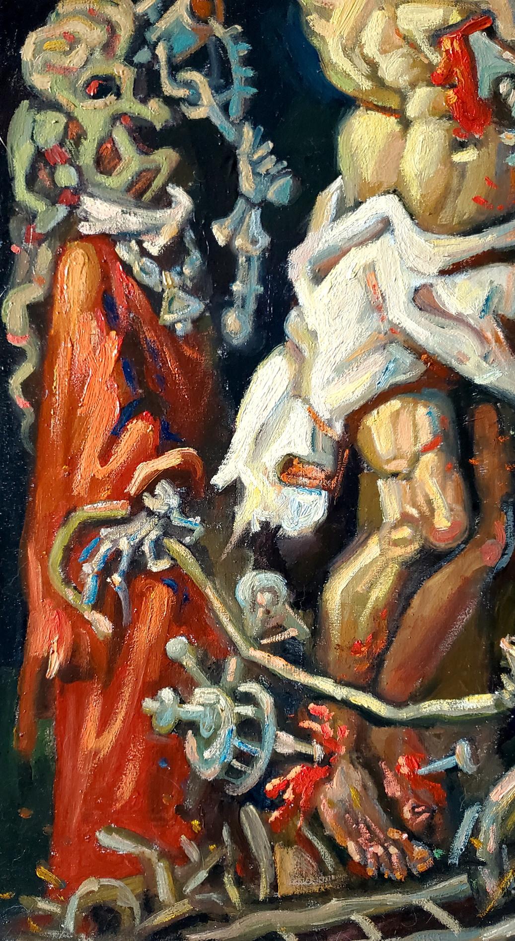 Surreal oil painting Calvary by Daniil Litvinov: orange robed skeletal figure