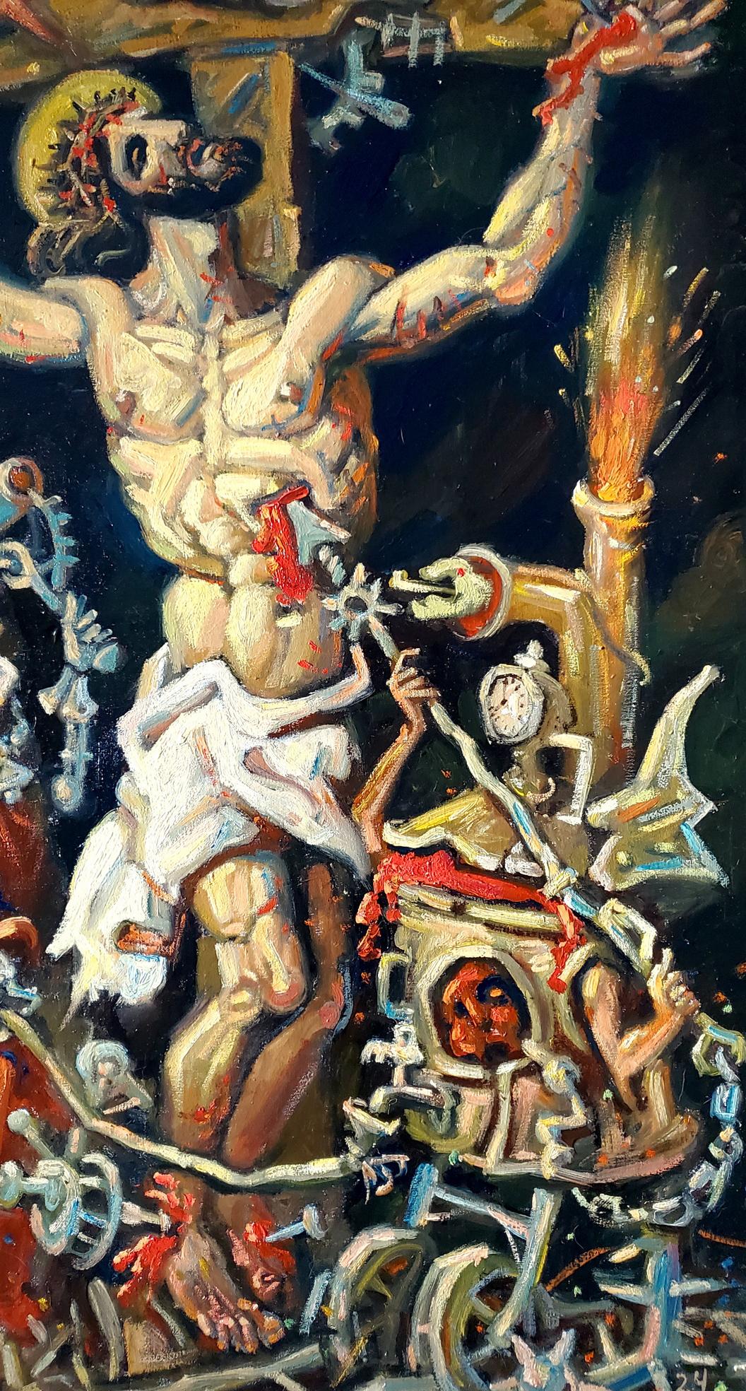 Dramatic oil painting Calvary by Daniil Litvinov muscular thorn-crowned figure