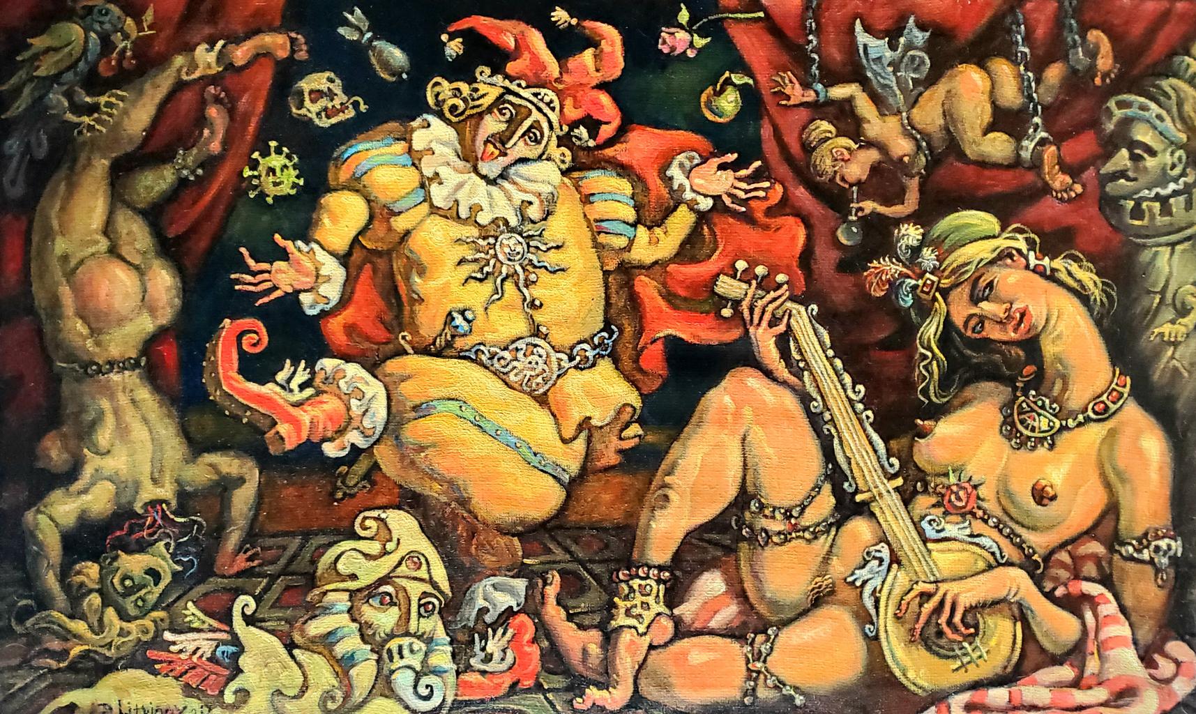 Oil painting Bacchanalia by Daniil Litvinov: jester in ornate yellow attire with musicians