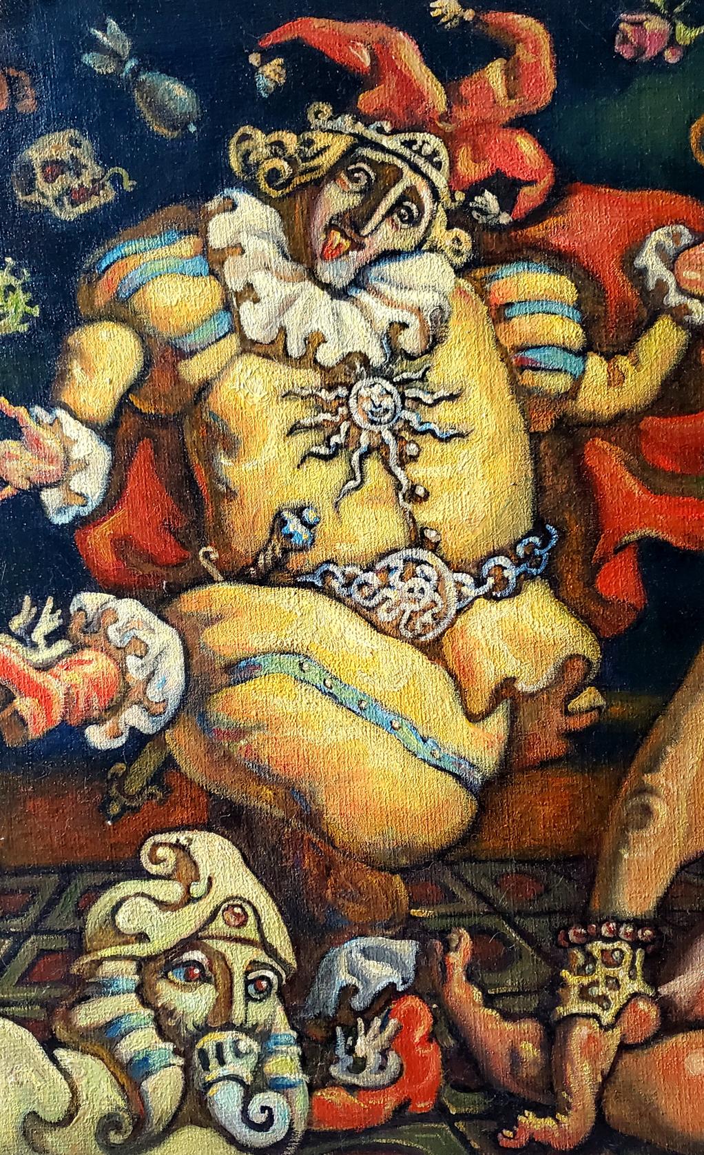 Oil painting Bacchanalia by Daniil Litvinov: vibrant jester in yellow red attire