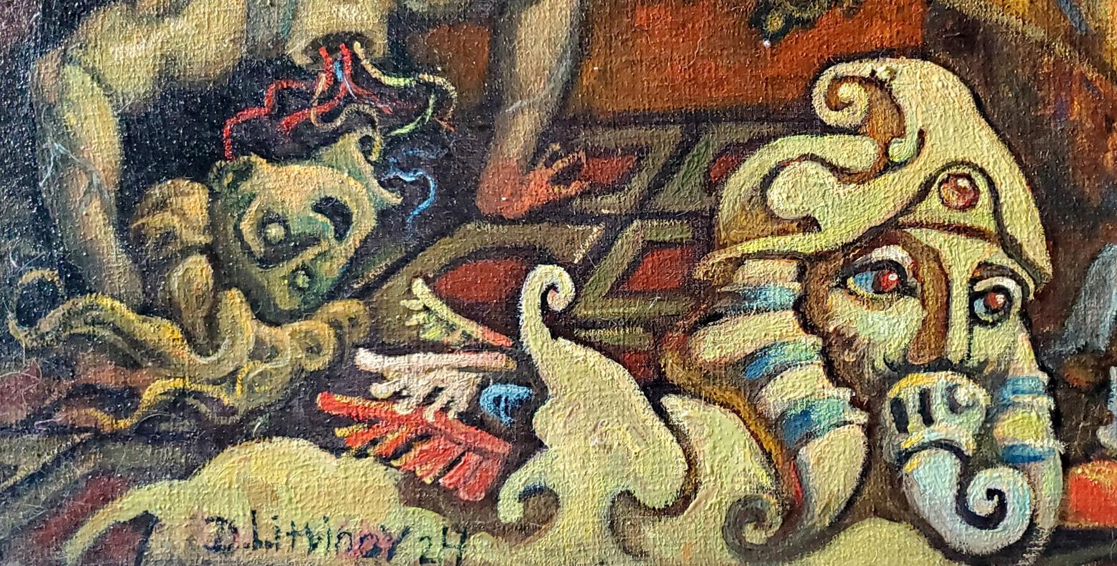 Oil painting Bacchanalia by Daniil Litvinov with swirling patterns, red eyes