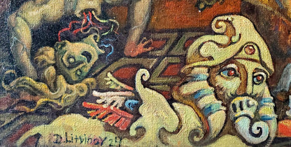Oil painting Bacchanalia by Daniil Litvinov with swirling patterns, red eyes
