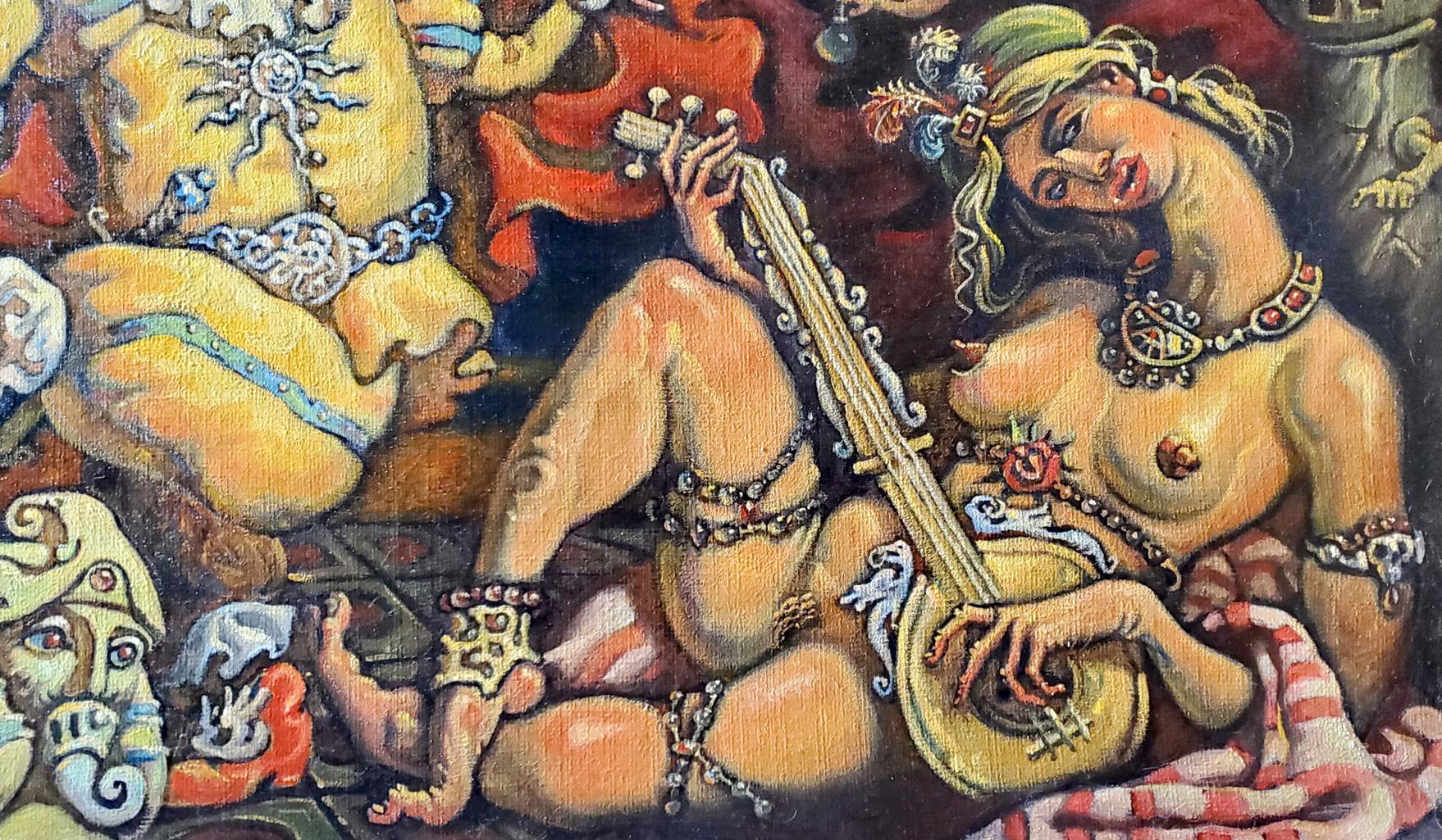 Oil painting Bacchanalia by Daniil Litvinov: nude blonde woman with jewelry playing golden instrument
