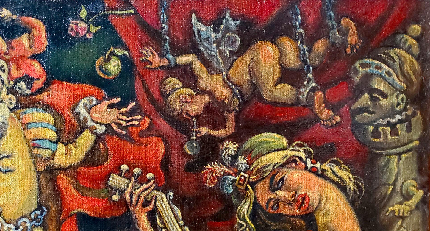 Oil painting Bacchanalia by Daniil Litvinov: nude figure in chains on red backdrop