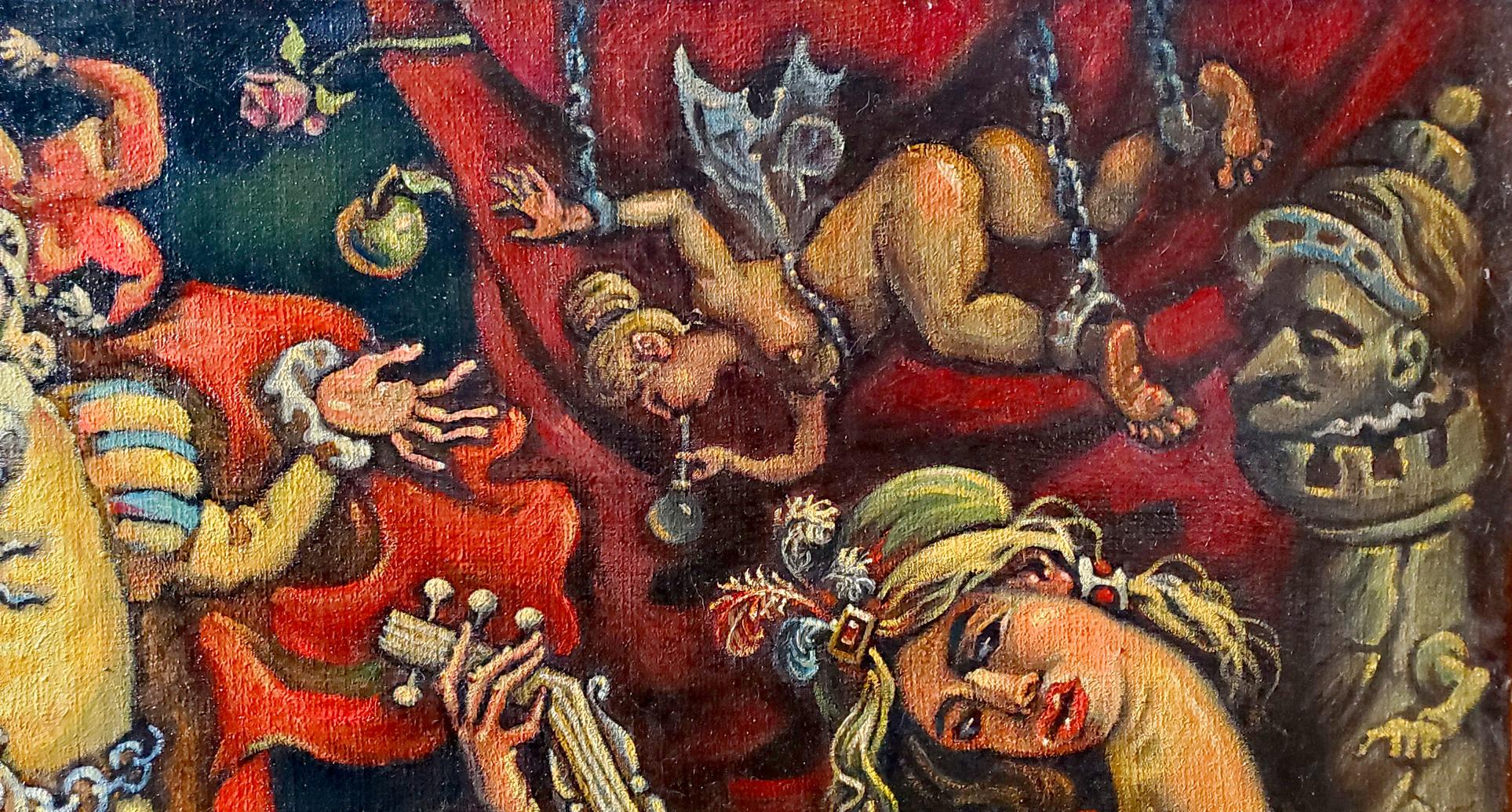 Oil painting Bacchanalia by Daniil Litvinov: nude figure in chains on red backdrop