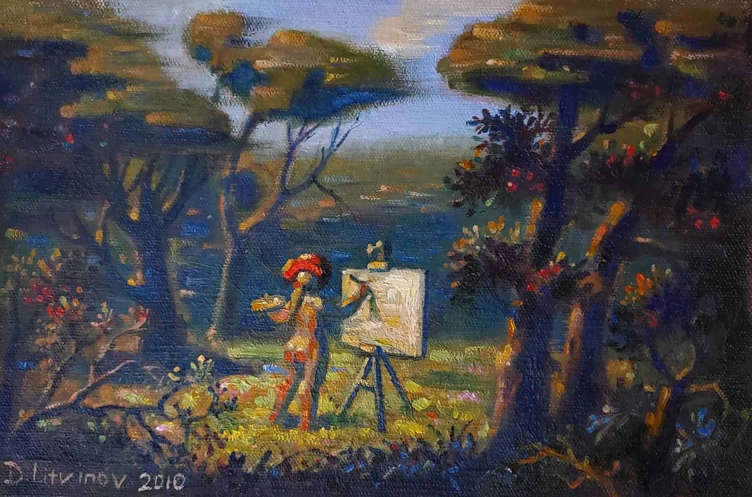 Vibrant oil painting by Daniil Litvinov: nude red-haired figure painting en plein air by trees and water