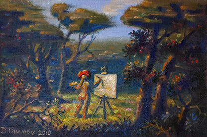 Vibrant oil painting by Daniil Litvinov: nude red-haired figure painting en plein air by trees and water