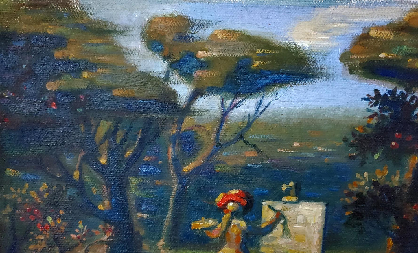 Oil painting En plein air by Daniil Litvinov: painter in red hat at easel