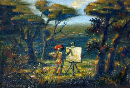 Oil painting En plein air by Daniil Litvinov, wooded landscape with figures and easel