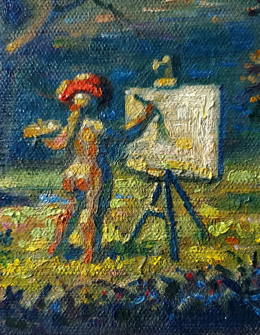 Oil painting En plein air by Daniil Litvinov: figure in red attire by easel
