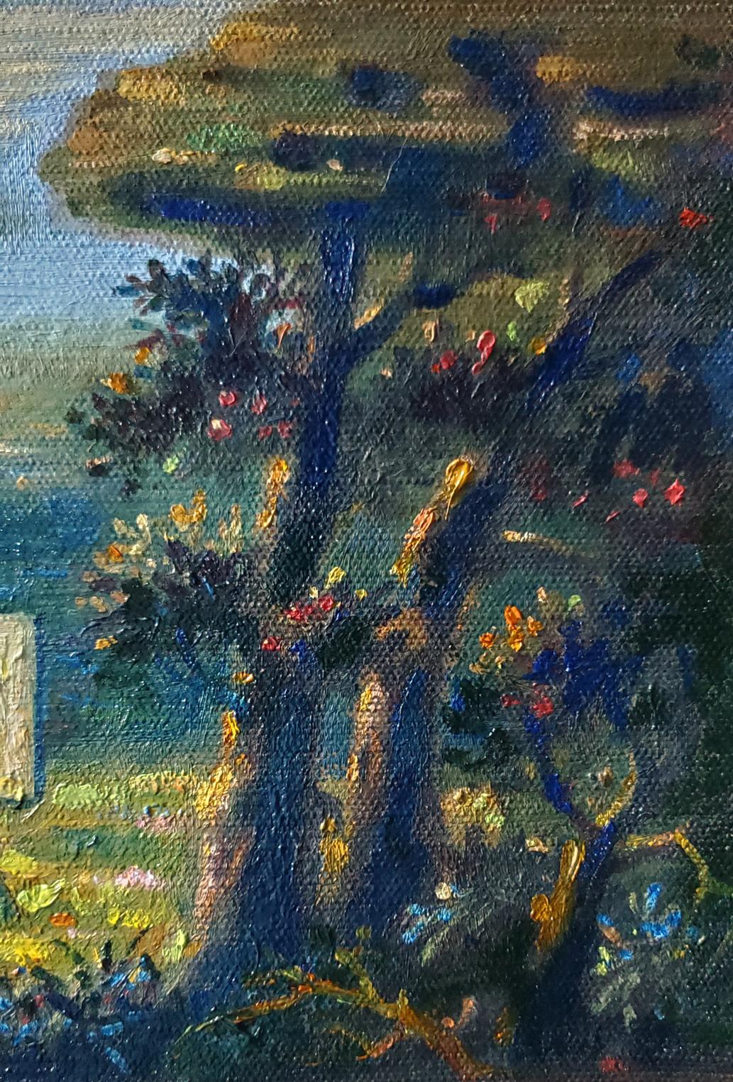 Oil painting En plein air by Daniil Litvinov: tall blue tree with red yellow blossoms