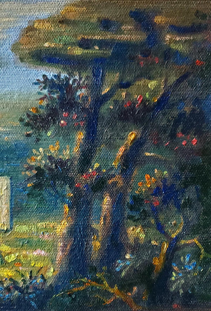 Oil painting En plein air by Daniil Litvinov: tall blue tree with red yellow blossoms