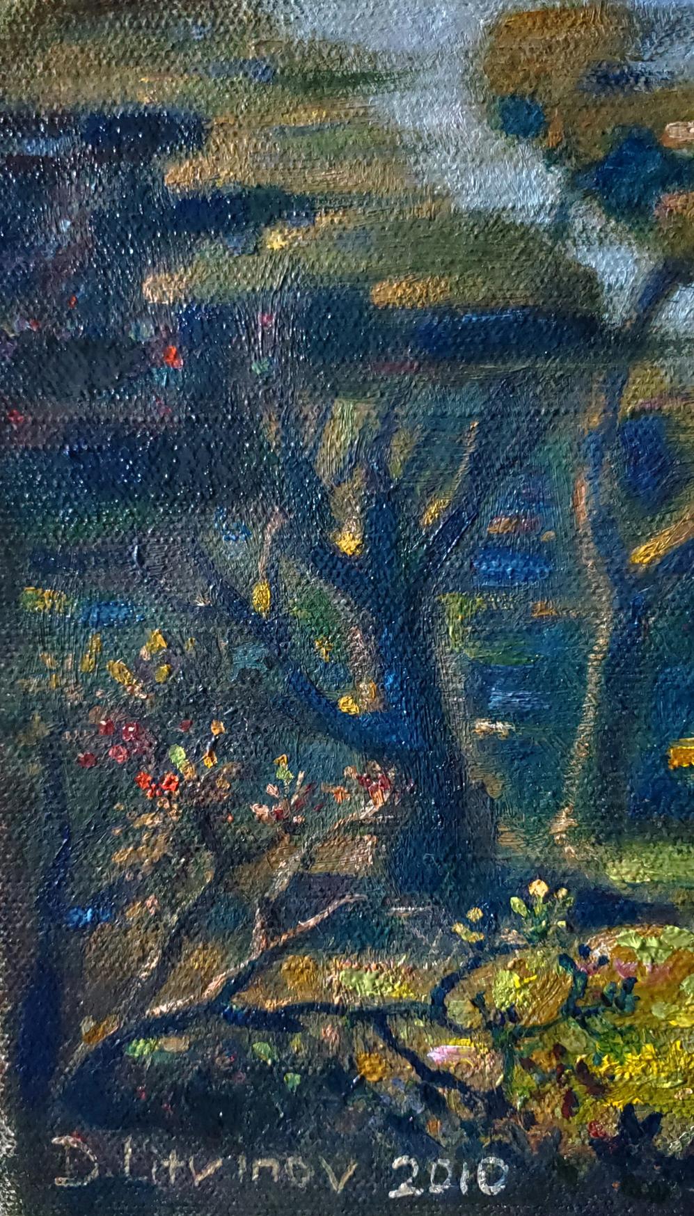 Abstract oil painting by Daniil Litvinov: dark textured trees in muted greens, blues