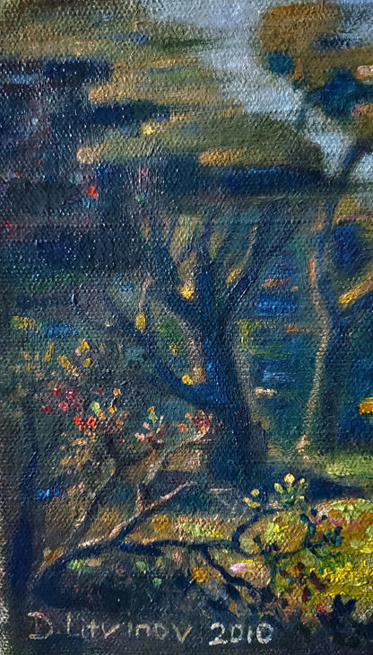 Abstract oil painting by Daniil Litvinov: dark textured trees in muted greens, blues