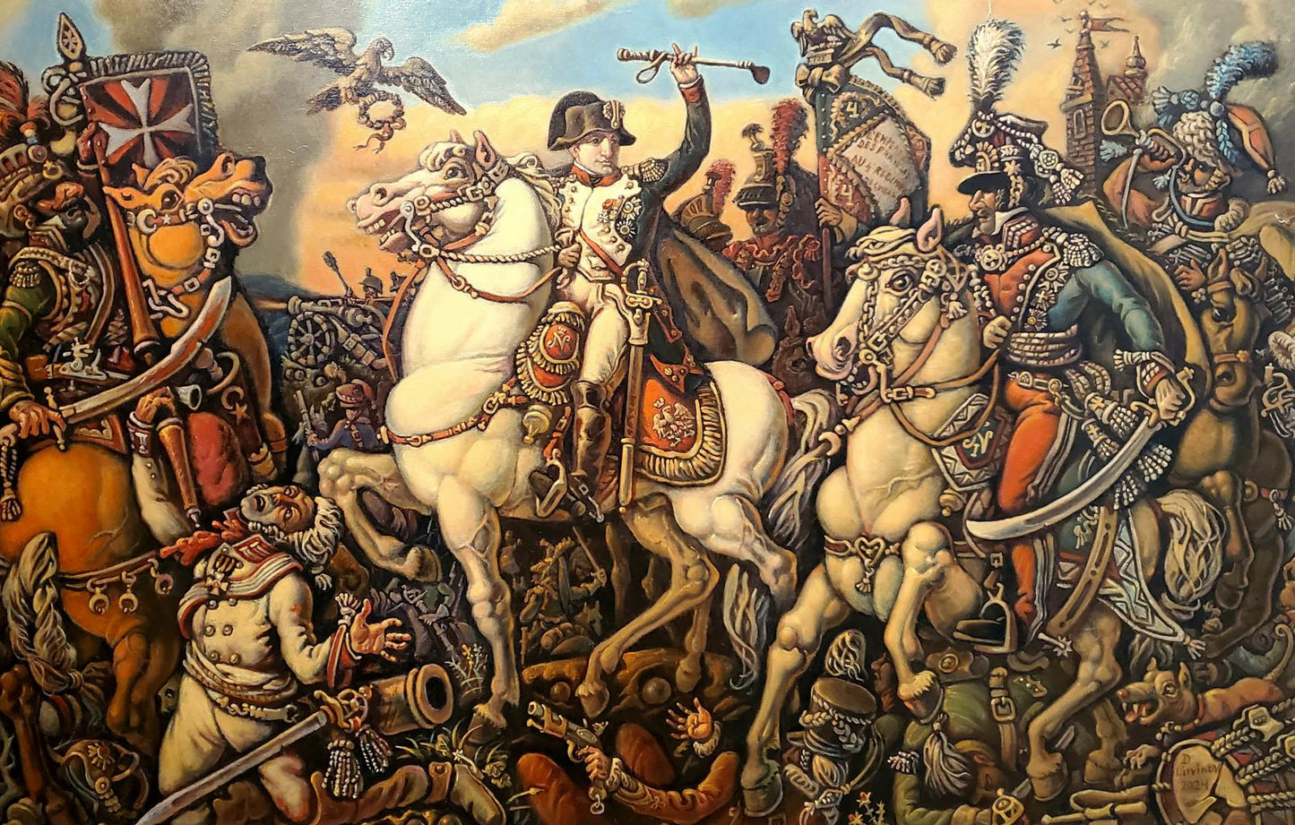 Oil painting Napoleon by Daniil Litvinov: chaotic cavalry battlefield