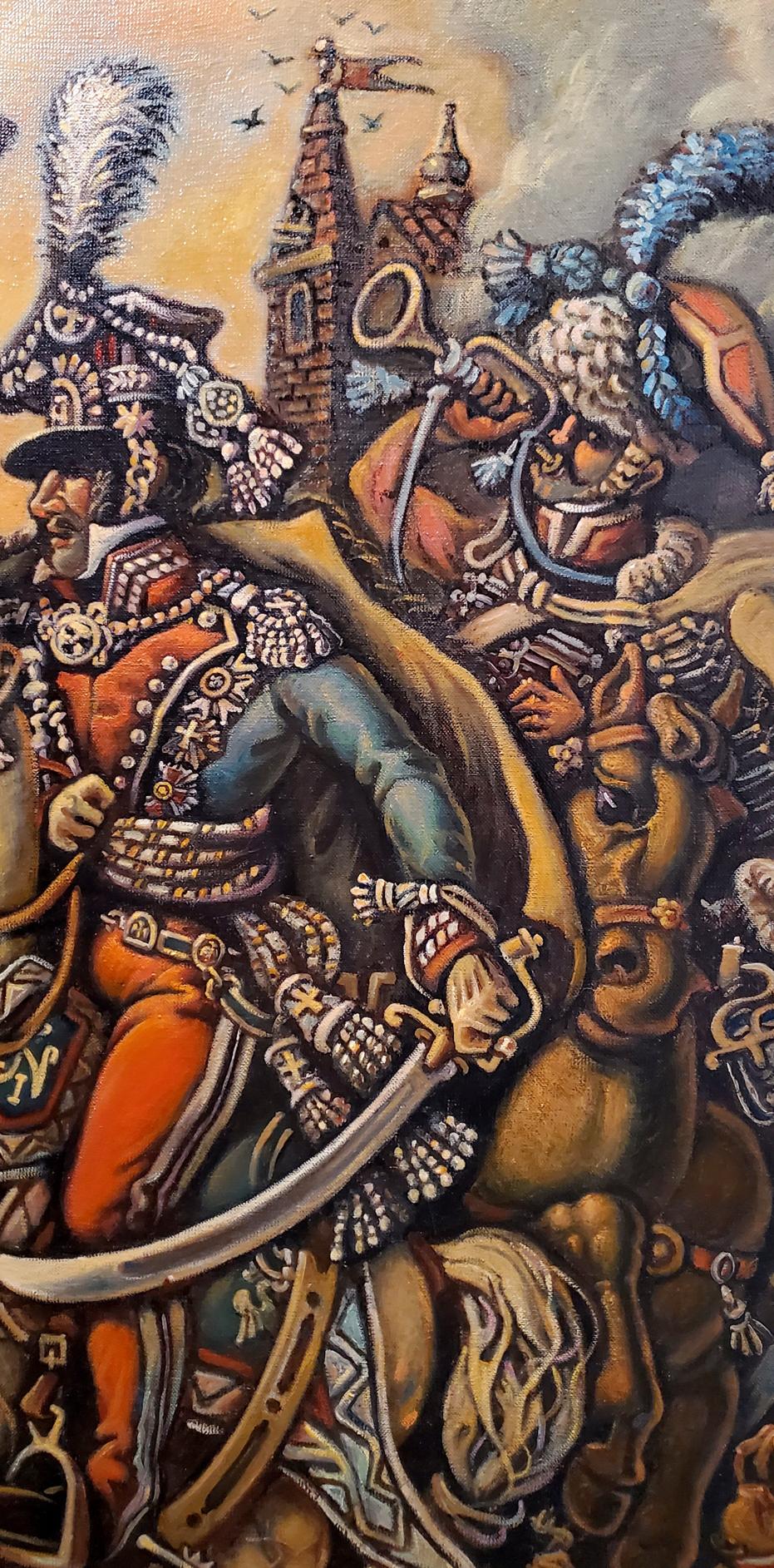 Oil painting of Napoleon by Daniil Litvinov, mounted warrior in red gold armor