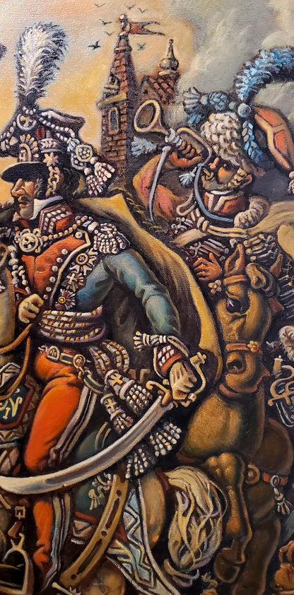 Oil painting of Napoleon by Daniil Litvinov, mounted warrior in red gold armor