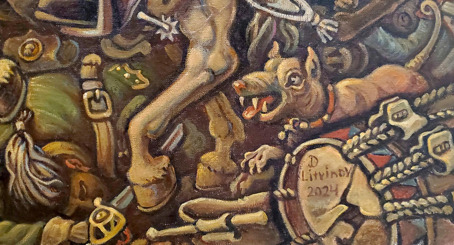Oil painting by Daniil Litvinov: tan muscular dog with red collar amid tools