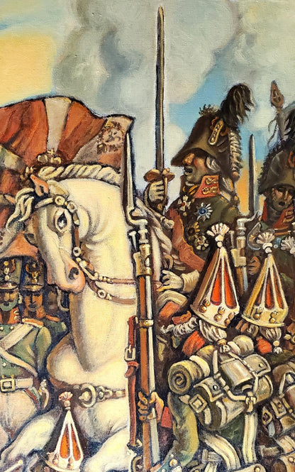 Oil painting of white horse in gold tack and red-white banner by Daniil Litvinov