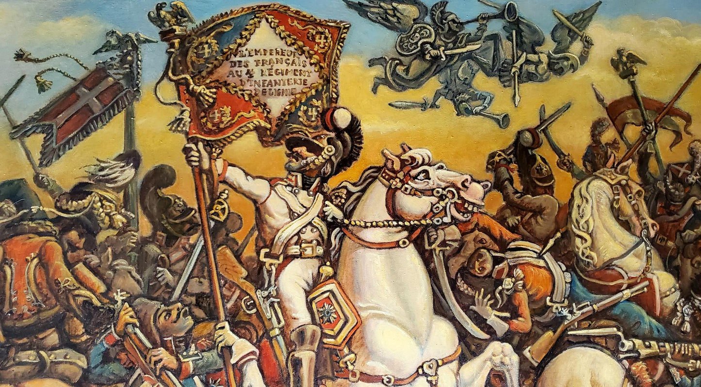 Oil painting Battle Daniil Litvinov: red gold banner above mounted soldier